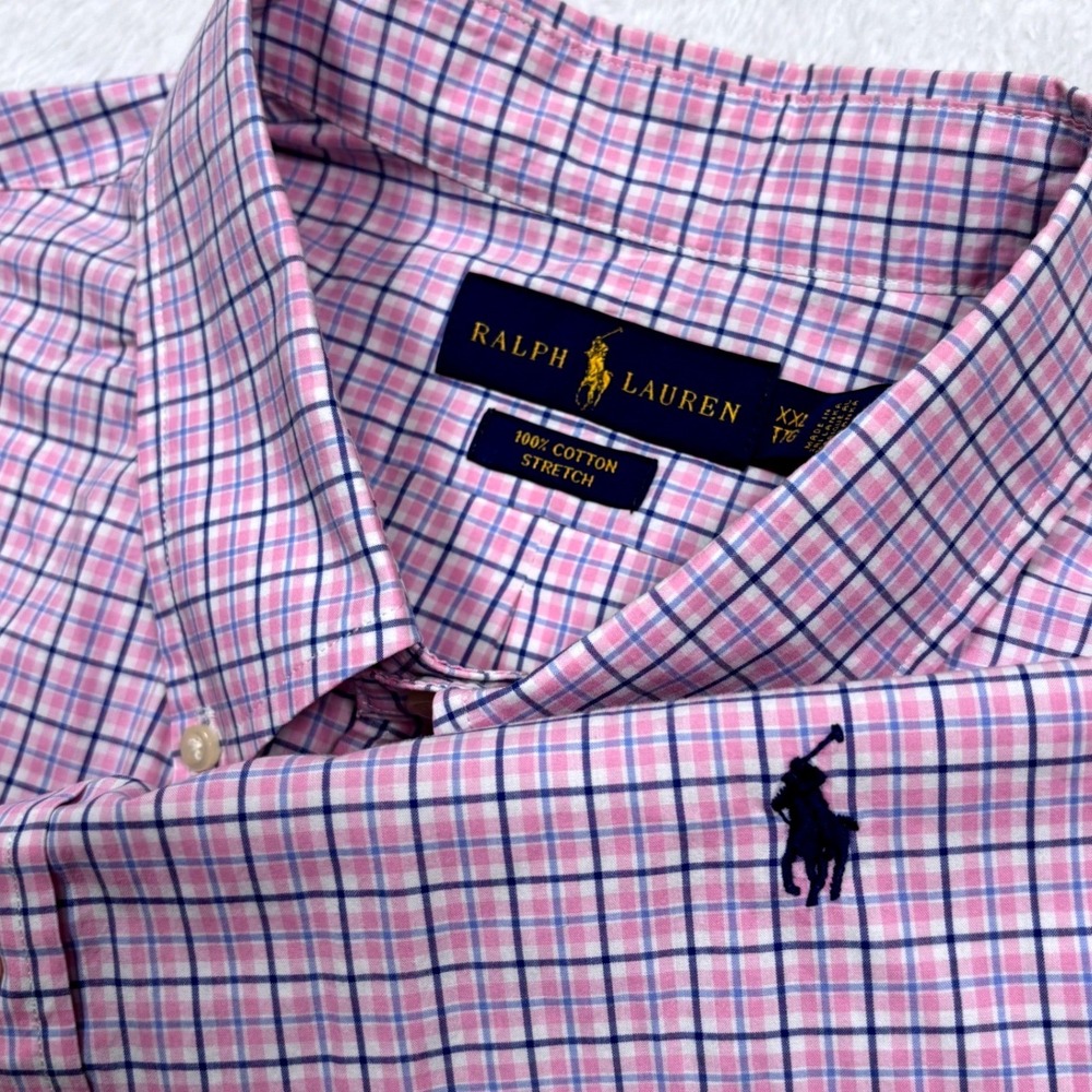 Polo Ralph Lauren Button Shirt Mens XXL Pink White Blue Plaid PONY LOGO Stretch